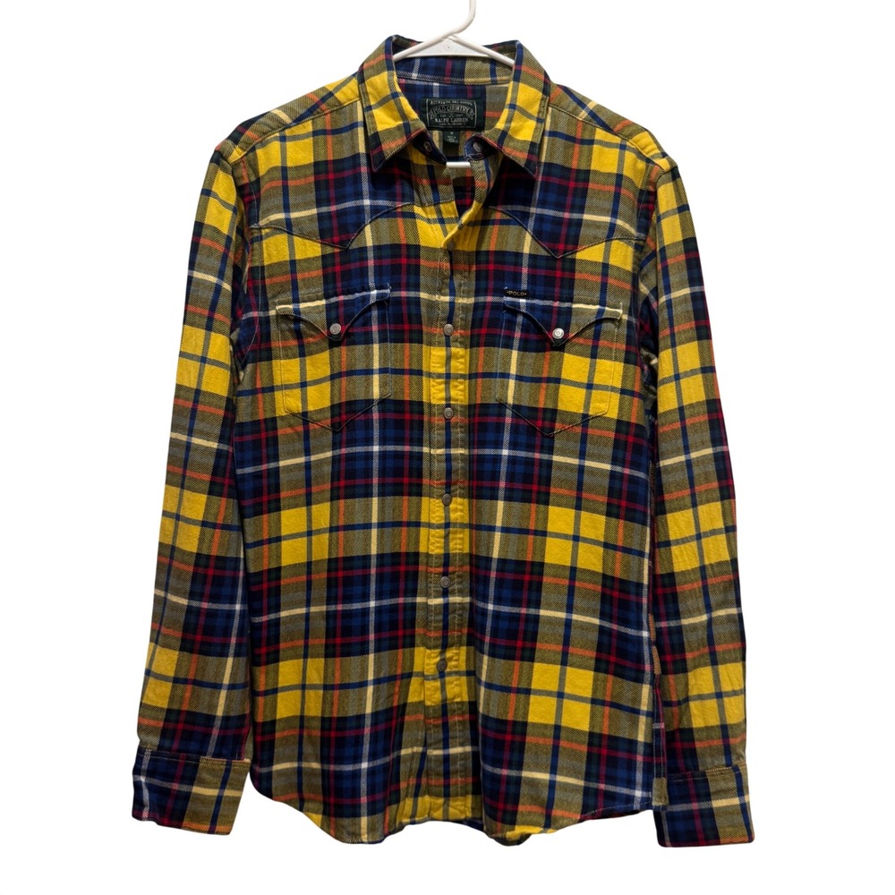 Polo Country Ralph Lauren Western Rodeo Shirt Mens M‎ Yellow Plaid Snap Front